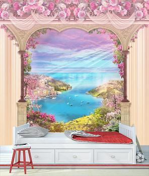 Арка в розовых цветах над морем в интерьере детской комнаты мальчика