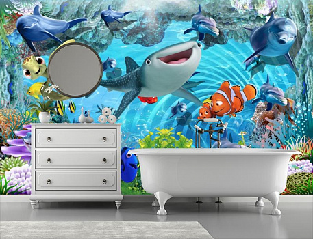 Подводный мир мультфильмов в интерьере ванной