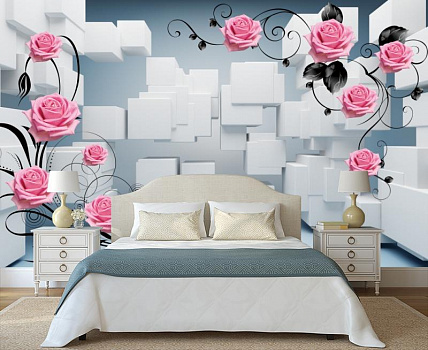 Белые геометрические фигуры с розами в интерьере спальни