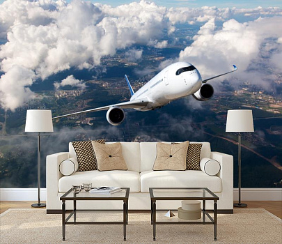 Самолет в высоте в интерьере гостиной с диваном