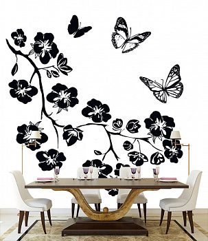 Бабочки и цветы в интерьере кухни с большим столом