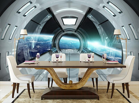 Космос с корабля в интерьере кухни с большим столом