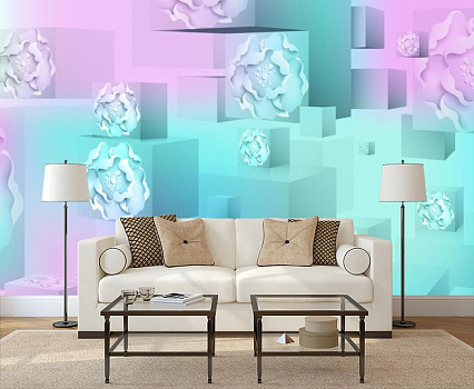 Кубики с изображением цветов в интерьере гостиной с диваном