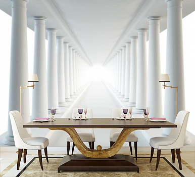 Белый коридор из колонн в интерьере кухни с большим столом