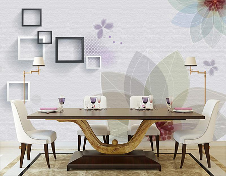 Квадраты с нарисованными цветами в интерьере кухни с большим столом