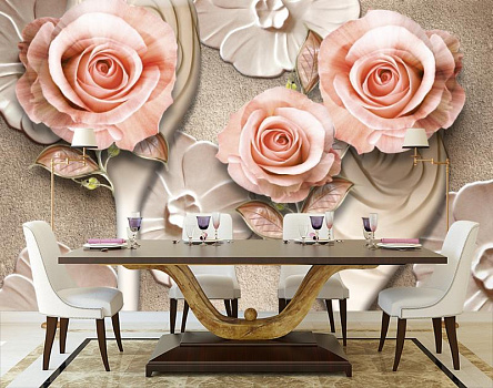Розы и стальные цветы   в интерьере кухни с большим столом