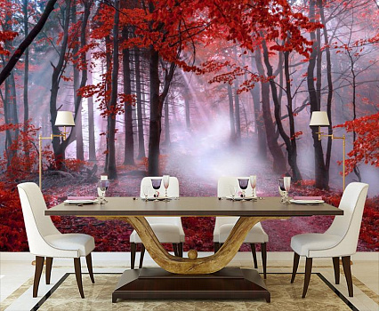 Красный лес  в интерьере кухни с большим столом