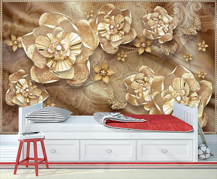 Золотые цветы на шоколадной ткани в интерьере детской комнаты мальчика