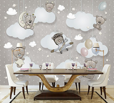 Мишки в облаках в серых тонах в интерьере кухни с большим столом
