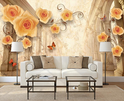 Чайные розы на арках в интерьере гостиной с диваном