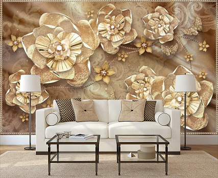Золотые цветы на шоколадной ткани в интерьере гостиной с диваном