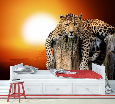 Леопард на закате в интерьере детской комнаты мальчика