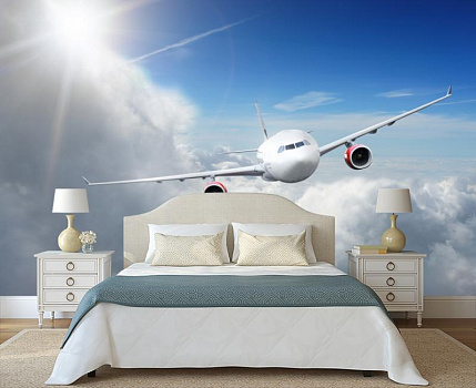 Белый самолет над облаками в интерьере спальни