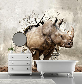 Носорог в стене в интерьере ванной