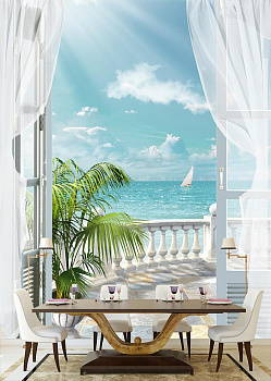 Балкон с видом на море в интерьере кухни с большим столом
