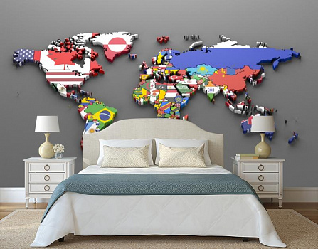 Карта мира из флагов стран в интерьере спальни