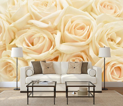 Бежевые розы в интерьере гостиной с диваном