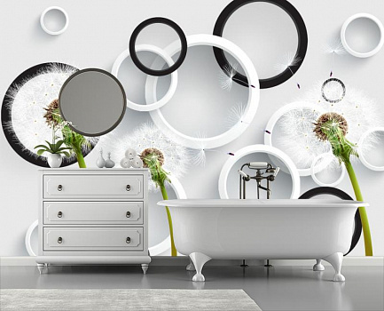 Белые и черные круги с одуванчиками в интерьере ванной