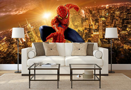 Человек паук над городом в интерьере гостиной с диваном