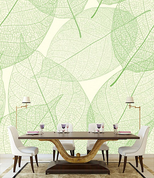 Прозрачные зеленые листья в интерьере кухни с большим столом