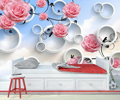 Розовые розы с белыми кругами в интерьере детской комнаты мальчика