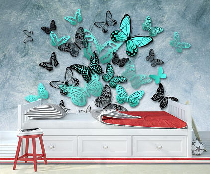 Бирюзовые бабочки на стене в интерьере детской комнаты мальчика