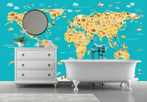 Карта мира для детей  в интерьере ванной
