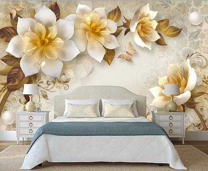 Цветы и жемчуг в интерьере спальни
