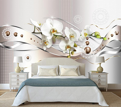 Белая орхидея с лентой в интерьере спальни