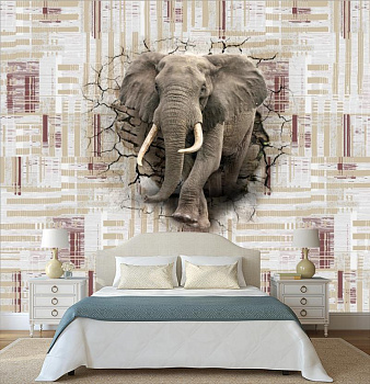 Слон выходит из стены в интерьере спальни