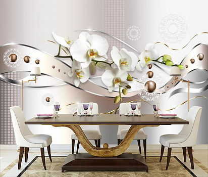 Белая орхидея с лентой в интерьере кухни с большим столом