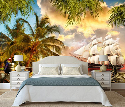 Белый парусник на пиратском острове в интерьере спальни