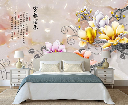 Китайская цветущая ветвь  в интерьере спальни