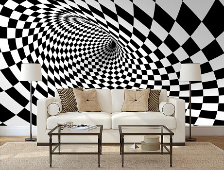 Черно-белый тонель в интерьере гостиной с диваном