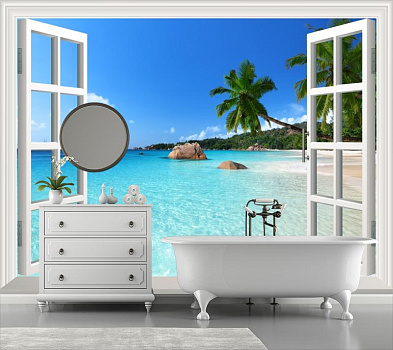 Окно на тропическое побережье в интерьере ванной