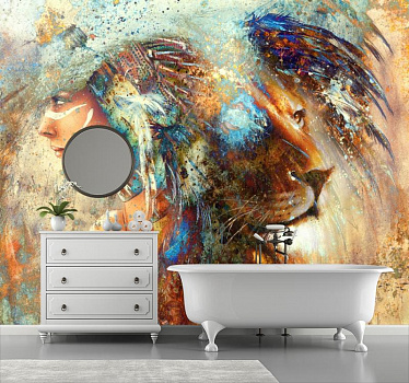 Девушка и лев в интерьере ванной