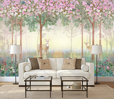 Олени среди цветущих деревьев в интерьере гостиной с диваном