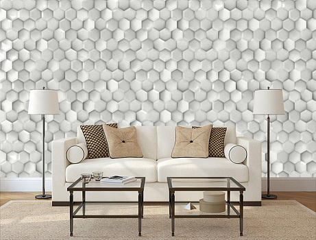 Стена из серых сот в интерьере гостиной с диваном