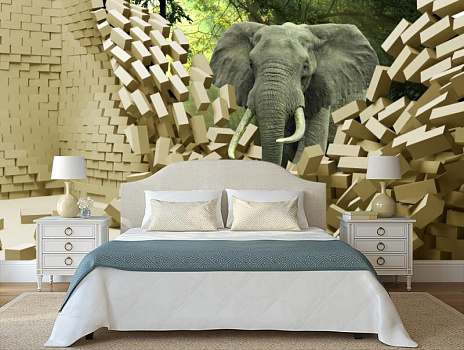Слон сломал стену из белого кирпича в интерьере спальни