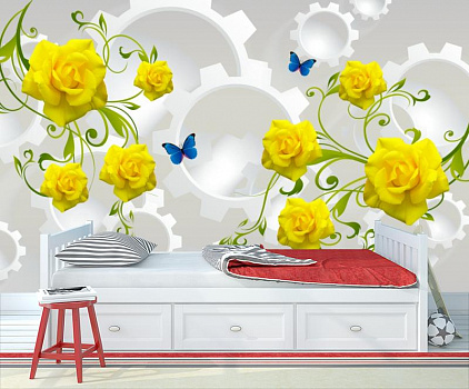 Желтые розы на белых фигурах в интерьере детской комнаты мальчика