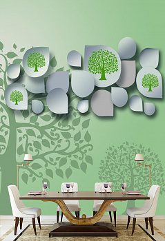 Зеленые деревья  в интерьере кухни с большим столом