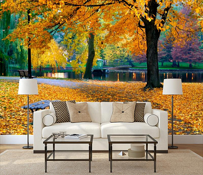 Осенний парк в интерьере гостиной с диваном
