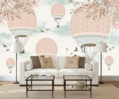 Воздушные шары в небе в интерьере гостиной с диваном