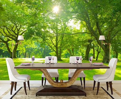 Зеленый парк в интерьере кухни с большим столом