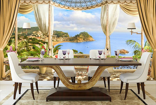 Балкон над морским побережьем в интерьере кухни с большим столом