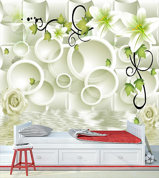 3Д круги и белые цветы в интерьере детской комнаты мальчика