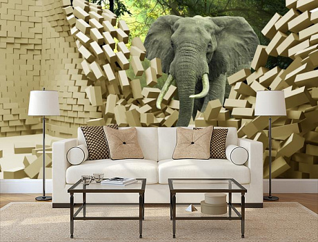 Слон сломал стену из белого кирпича в интерьере гостиной с диваном