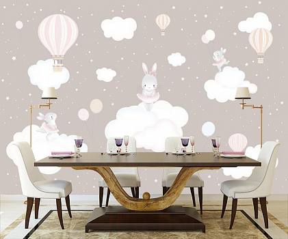 Зайчики в облаках в интерьере кухни с большим столом