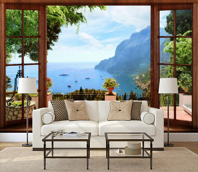 Терраса над морским побережьем  в интерьере гостиной с диваном