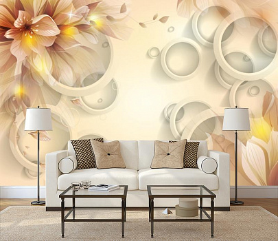 Цветок в белых кругах в интерьере гостиной с диваном